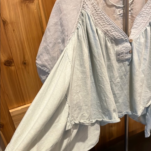 We The Free Seafoam Blue Puff Sleeve Blouse with High/Low - Picture 3 of 13